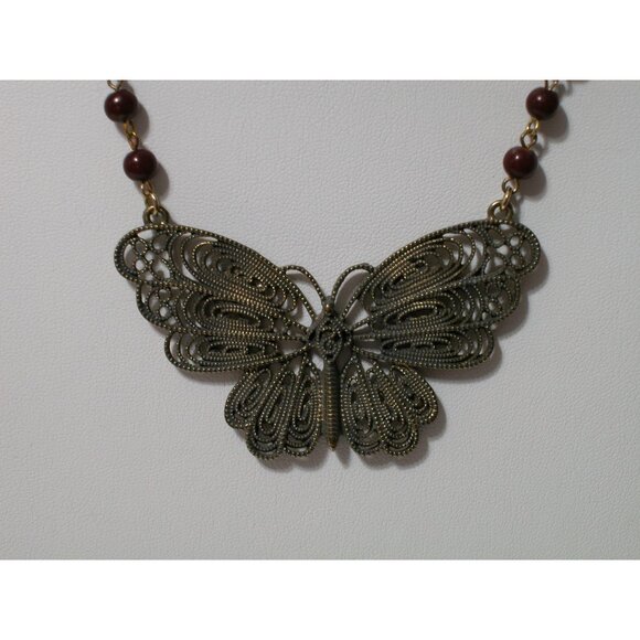 Vintage Filigree Butterfly Pendant Necklace With Brown Bead Chain - Picture 5 of 6